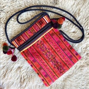 Vintage Embroidered Pom Pom Crossbody Bag